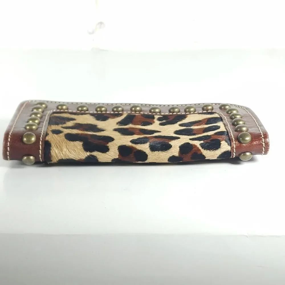 American West Leather Cowhide Leopard Print Studded Zipper Trifold Wallet - Picture 6 of 14